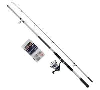 Shakespeare Salt Seabass Searcher Ensemble Canne à pêche et Moulinet avec étui Rigide, leurres et matériel de pêche côtière, Bar de mer, Bleu et Blanc, 2,70 m, 40-80 g