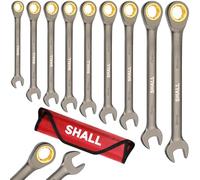 Shall Jeu de 9 clés à cliquet 8-19 mm (8, 10, 11, 12, 13, 14, 15, 17, 19 mm), clés mixtes 72 dents, acier au chrome vanadium avec finition antirouille et étui de rangement.