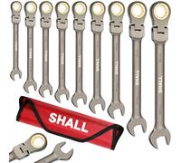 Shall Jeu de 9 clés à cliquet 8-19 mm (8, 10, 11, 12, 13, 14, 15, 17, 19 mm), Tête mobile à 180°，clés mixtes 72 dents, acier au chrome vanadium avec finition antirouille et étui de rangement.