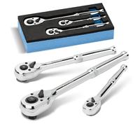 Shall Lot de 3 Clés à Cliquet Réversibles | 1/4", 3/8", 1/2" 90 Dents avec Dégagement Rapide | Acier Chrome-Vanadium pour Espaces Restreints & Angle de Mouvement de 4°