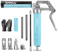 SHALL Mini pistolet à graisse, avec 2 coupleurs à 4 mâchoires, buse tranchante, adaptateur d'extension, cartouche de graisse de 3 oz, gant en PVC renforcé et nettoyant pour raccord Zerk