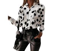 ShallGood Blouse Femme Chemisier Manches Longues Trompette Top Imprimé à Pois Col V Lâche à Froufrous T Shirt Automne Printemps Z2 Blanc 42