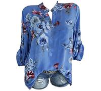 ShallGood Chemise Femmes T-Shirt Col V de Pailletée Shirt Manches Longues Florale Imprimer Chic Tops Mode Plus Size Casual Hiver Automne Blouse B Bleu FR 46