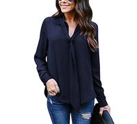 ShallGood Chemsie Femmes Chemiser Automne Manches 3/4 Evasées Col V Tops Slim Elégante Uni Simple Basique Hauts Blouse A Bleu FR 38