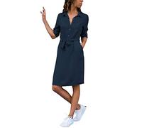 ShallGood Femme Chemise Robe Ceinturée Col V Manches Longues Top Blouse Chic Elégante Cocktail Soirée Tunique Robe Midi Grande Taille Robe Chemise Longue Marine FR 40