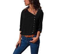 ShallGood Femme Manche Longue Chemisier Blouse Eté Couleur Unie Tunique Col V Mousseline Top Button Up Haut Shirt Rayé Chemise Chic Classique Top A Noir FR 46