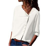 ShallGood Femme Manche Longue Chemisier Blouse Eté Couleur Unie Tunique Col V Mousseline Top Button Up Haut Shirt Rayé Chemise Chic Classique Top A Blanc FR 40