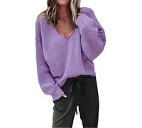 ShallGood Femme Pull Automne Et Hiver Fashion Lâche à Manches Longues Pull Col V Sexy Chaud Pullover Sweater Top Blouse en Tricot Tops Chic Violet FR 44