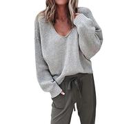 ShallGood Femme Pull Automne Et Hiver Fashion Lâche à Manches Longues Pull Col V Sexy Chaud Pullover Sweater Top Blouse en Tricot Tops Chic Gris FR 40
