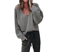 ShallGood Femme Pull Automne Et Hiver Fashion Lâche à Manches Longues Pull Col V Sexy Chaud Pullover Sweater Top Blouse en Tricot Tops Chic Foncé Gris FR 38