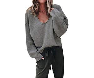 ShallGood Femme Pull Automne Et Hiver Fashion Lâche à Manches Longues Pull Col V Sexy Chaud Pullover Sweater Top Blouse en Tricot Tops Chic Foncé Gris FR 38