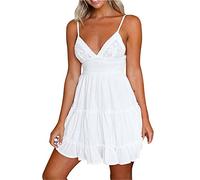 ShallGood Femme Robe Été Sexy Col V Dentelle sans Manches Bowknot Dos Nu Robe Décontractée Robe de Plage Mini Dress Blanc FR 36