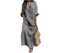 ShallGood Femme Robe Manches Longues Col V Boho Grande Taille Mode Robes Coton et Lin Rayures Maxi Robe avec Poches Gris FR 50