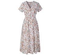 ShallGood Femme Robes à Manche Courte à Pois Imprimé Floral Robe Boho Bohème Robe d'Été Midi Robe Col en V Profonds Robe Causal Jupe A Floral Blanche FR 36