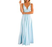 ShallGood Femme Sexy V-Col Robe Elégante Soirée sans Dos Cocktail Robes Epaule Nu Soirée Mariage Chic Elégant Longue Bandage Noces Long Dress Swing Robe Bleu Clair FR 34