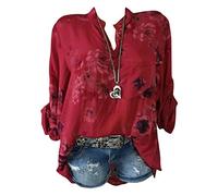 ShallGood Femmes en Mousseline De Soie Top Mode Casual Floral Imprimé Bouton T-Shirt Col V Dentelle Tunique Manches Longues Irrégulière Hem Chemise Tops B Rouge FR 46