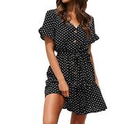 ShallGood Femmes Mini Robes D'été Casual A Pois Robe Couleur Unie Chemise Robe Mousseline De Soie Plage Mini Boutonné Manche Courte Dress avec Ceinture A Noir FR 40