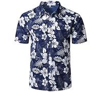ShallGood Homme Chemise Hawaienne Fleurs Été Casual Manches Courtes Funky Chemise Hawaïenne Imprimer Plage Palmiers Poche-Avant Tops Blouse A Bleu L