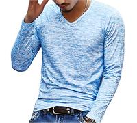 ShallGood Homme T Shirt Basic Manches Longues Blouse Col V Casual Tops Slim Fit Automne Léger Colorée Mince de Couleur Tops Bleu 2X-Large