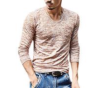 ShallGood Homme T Shirt Basic Manches Longues Blouse Col V Casual Tops Slim Fit Automne Léger Colorée Mince de Couleur Tops Café 2X-Large