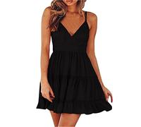 ShallGood Robe Femme Été Sexy Col V Dentelle Robe Bustier Dos Nu Robe de Plage Mini Robe Courte Robe de Fête Noir FR 38