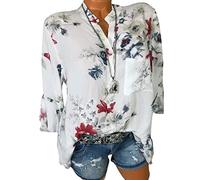 ShallGood Sexy Décolleté Cache-Coeur Femmes Chemisier V-Cou T-Shirt Dames Lâche À Manches Longues Impression Vintage Casual Mousseline Tops Blouse B Blanc FR 50