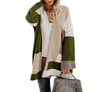 Shallood Cardigan Femme Pull Gilets Tricot Coutures de Couleur Mode Long Tricot Veste Élégant à Manches Longues Lâche Solide Couleur Blouson Chic Manteau Vert 40