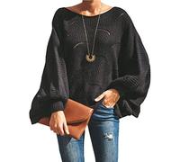 Shallood Pull à Manches Chauve-Souris pour Femme Mode Chaud Tunique Tricoté Asymétrique Pull Col V Chandail Lâche Hiver Automne Haut Manches Longues Top Noir 46