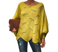 Shallood Pull à Manches Chauve-Souris pour Femme Mode Chaud Tunique Tricoté Asymétrique Pull Col V Chandail Lâche Hiver Automne Haut Manches Longues Top Jaune 38
