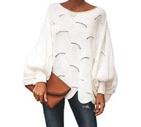 Shallood Pull à Manches Chauve-Souris pour Femme Mode Chaud Tunique Tricoté Asymétrique Pull Col V Chandail Lâche Hiver Automne Haut Manches Longues Top Blanc 40