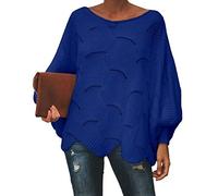 Shallood Pull à Manches Chauve-Souris pour Femme Mode Chaud Tunique Tricoté Asymétrique Pull Col V Chandail Lâche Hiver Automne Haut Manches Longues Top BleuFoncé 44