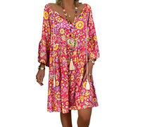 Shallood Robes Femmes Sexy Casual Robe Manches 3/4 Imprimée Irrégulier Robe de Soirée Grande Taille Élégante Fête Cocktail Robes de Plage A Rot FR 48