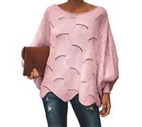 Shallood Sweatshirt Femme Pull Tricoté Col V Chandail Lâche Casual Hiver Automne Haut Manches Longues Top Epaule Dénudée Rose 46