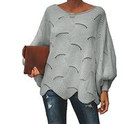 Shallood Sweatshirt Femme Pull Tricoté Col V Chandail Lâche Casual Hiver Automne Haut Manches Longues Top Epaule Dénudée Gris 38