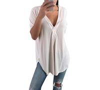 Shallood T Shirt Femme Ete Col V Manches Courtes Ruchées Grande Taille Casual Haut Femme Chic Tops Blouse Chemise Blanc FR 46