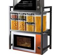 Shally Dogan Étagère à micro-ondes en acier, étagère de cuisine avec étagère à épices, unité d'étagères à 2 compartiments avec pieds antidérapants, design moderne (noir + noir)