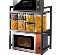 Shally Dogan Étagère à micro-ondes en acier, étagère de cuisine avec étagère à épices, unité d'étagères à 2 compartiments avec pieds antidérapants, design moderne (noyer + noir)