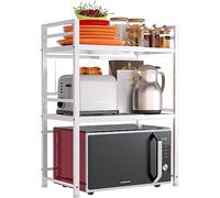 Shally Dogan Étagère de Rangement Extensible pour Micro-Ondes en Acier, étagère de Cuisine Double avec 2 étagères à épices, Armoire avec Crochets et Pieds antidérapants, Design Moderne (Blanc)