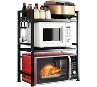 Shally Dogan Étagère de Rangement Extensible pour Micro-Ondes en Acier, étagère de Cuisine Double avec 2 étagères à épices, Armoire avec Crochets et Pieds antidérapants, Design Moderne (Noir)