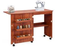 Shally Dogan Meuble pour machine à coudre pliable avec 5 roues pivotantes, table à coudre en bois refermable, peu encombrant, table de bureau multifonction (cerise)