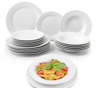 Shally Dogan Service de vaisselle de service 18 pièces en porcelaine de table pour 6 personnes, lot composé de 6 assiettes plates, 6 fonds, 6 gâteaux et fruits, design moderne lisse (blanc)