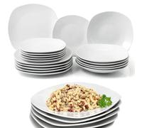 Shally Dogan Service de vaisselle de service 18 pièces en porcelaine de table pour 6 personnes, lot composé de 6 assiettes plates, 6 fonds, 6 gâteaux et fruits, design moderne lisse (blanc carré)