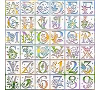 Shalve Lot de 36 Pochoirs Alphabet & Chiffres Floraux Réutilisables en PET 13×13 cm, Gabarits Lettres et Nombres avec Motifs Floraux pour DIY, Scrapbooking, Décoration Murale et Créations Artistiques