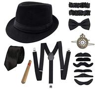 Shalwinn Années 1920 Hommes Gangster Déguisements Accessoires, Élastique Bretelles, Moustache, Cravate Noeud de Cou Mens et Montre de Poche Vintage