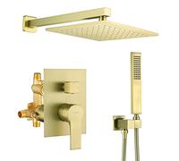 SHAMANDA L701-3 Système de douche à équilibrage de pression pour salle de bain avec mitigeur à main, robinet de douche doré brossé avec corps et garniture de valve rugueux, support mural, L701-3