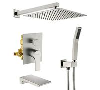 SHAMANDA Système de douche avec bec cascade et pommeau de douche à main, ensemble de robinet de douche de 30,5 cm avec valve ronde et support mural, nickel brossé, L101-2