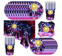 Shamoparty Lot de 61 décorations disco pour fête de 80 et 90 avec assiettes de 22,9 cm, gobelets, serviettes et grandes nappes - Décoration de table disco - Décoration de table