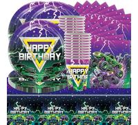 Shamoparty Lot de 61 vaisselle de fête motif camion vert Big Truck - Vaisselle avec assiettes en carton, serviettes en papier, gobelets en carton, nappe pour 20 personnes