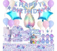 Shamoparty Lot de 85 accessoires de fête d'anniversaire pour 20 invités - Décoration de table sirène - Assiette, tasse, nappe, ballon, bannière, gâteau