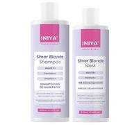 Shampooing Déjaunisseur & Soin Déjaunisseur Sans Sulfate ni Silicone | Iniya Silver Blonde Kit | Shampooing Bleu Violet et Masque Bleu | Cheveux Blonds, Gris, Décolorés ou Méchés | Marque Française